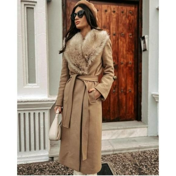 ZARA FUR COLLAR WOOL BLEND BELTED COAT TAN - Picture 11 of 11